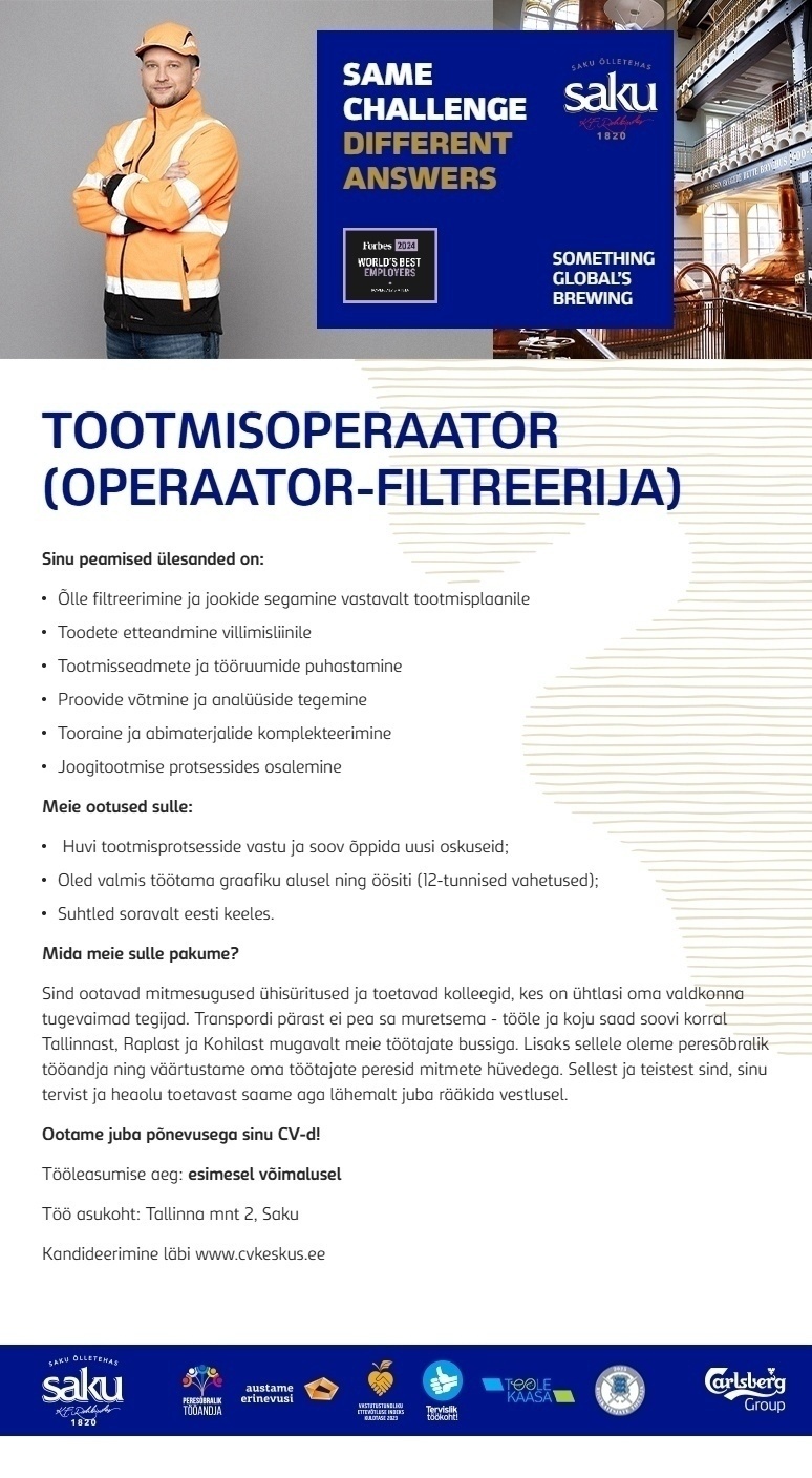 Saku Õlletehase AS Tootmisoperaator (operaator-filteerija)